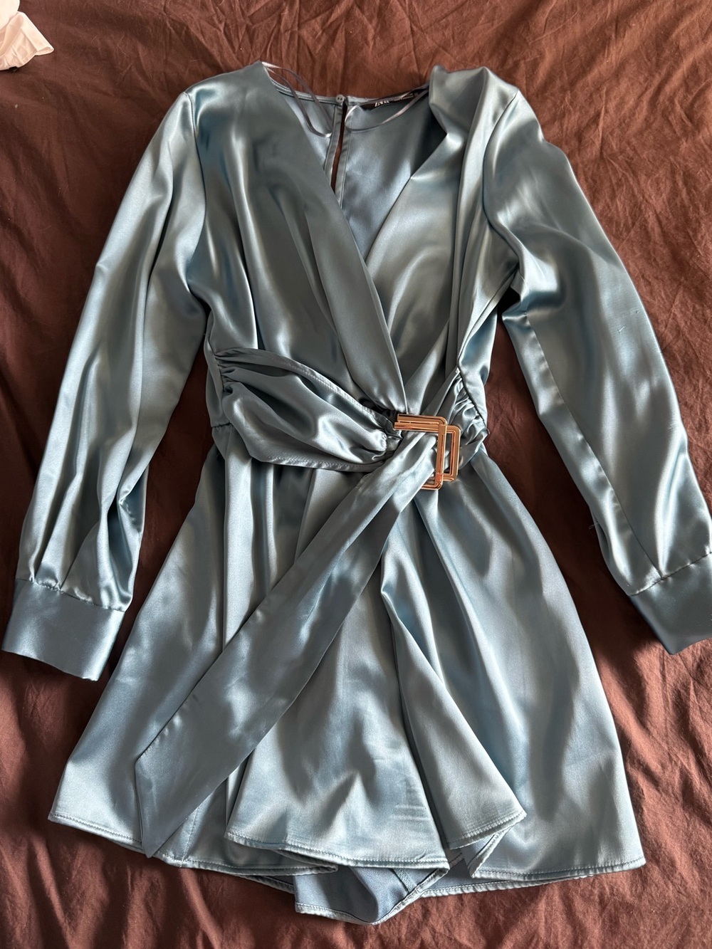 Zara Satin Wrap Romper with Buckle Waist in Steel Blue